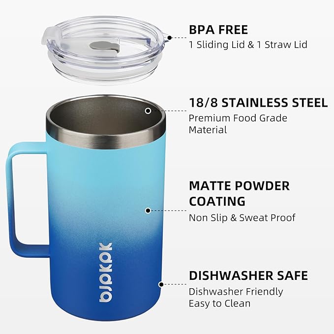 BJPKPK Insulated Coffee Mug with 2 Lids, 25oz Stainless Steel Insulated Tumbler with Handle, Double Wall Vacuum Coffee Cups, BPA Free Travel Mug for Coffee, Tea and Drinks, Sky