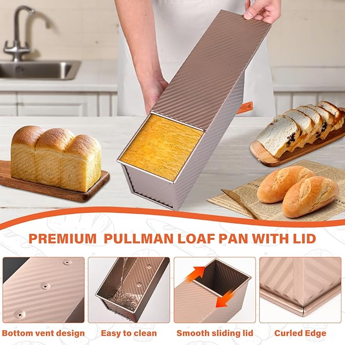 Pullman Loaf Pan with Lid 13x4 Inch, 2.2lb Dough Capacity for Homemade Bread, Non-stick Corrugated Carbon Steel Bread Toast Box with Cover for Bakeware, Sandwich & Toast Oven Baking, Gold