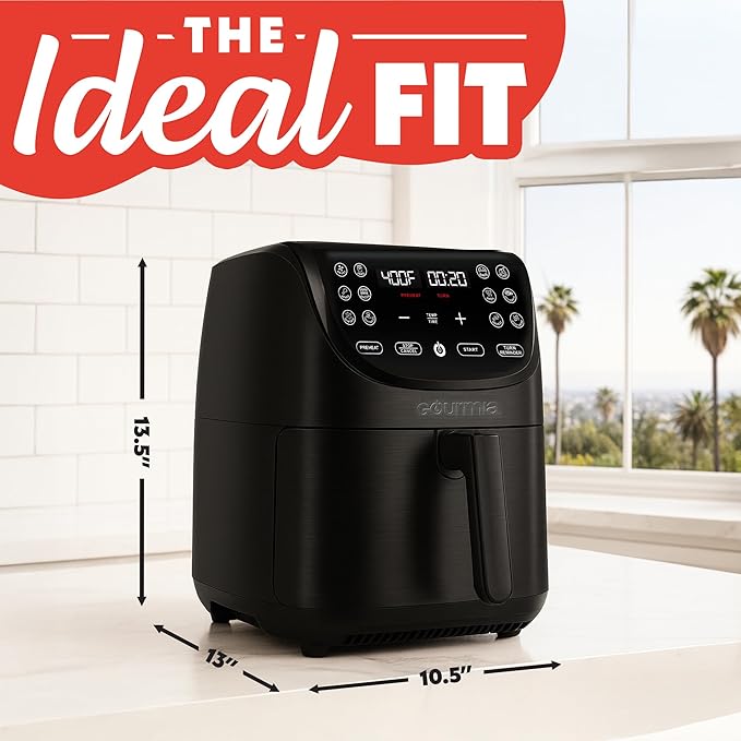 Gourmia Air Fryer - 7 Qt Large Capacity, FryForce 360º, Digital Display with 12 Presets, Roast, Bake, Broil, Dehydrate, Dishwasher Safe Accessories, Black