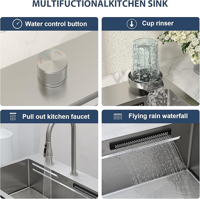 Lordear 31 Drop Kitchen Sink with Faucet Combo - 31"x20" Waterfall Kitchen Sink Workstation Stainless Steel 16 Gauge Single Bowl Topmount Handmade Sinks with Pull Out Faucet