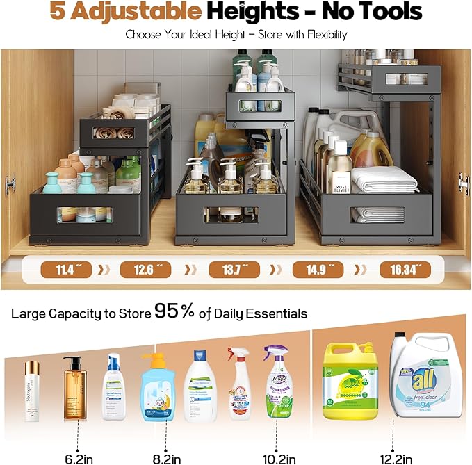 2-Pack 19"Deep Under Sink Organizer And Storage, 2-Tier L-Shaped Pull Out Cabinet Organizer with Upgraded Slide Rails, Height Adjustable Drawers for Kitchen&Bathroom, Extra-Large Storage Shelves–Black