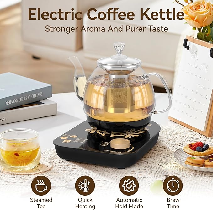Compact Tea Maker Electric Glass Kettle，Dual Methods of Steaming and Brewing with Temperature and Timer Programs，Cordless 800W 0.8 Liters capacity for get your favorite teas.(pick-up available)