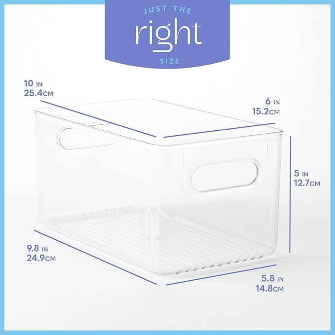 Plastic Food Storage 4 Pack Clear Container Bin with Handles for Organizing Kitchen, Pantry, Fridge, Freezer, Pantry,Bathroom. 10"x6"x5"