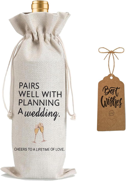 1Pcs Wedding Engagement Gifts for Couple, Mr & Mrs Gift, Newlywed Wine Bag Weeding Gift Wine Bag with 1Pcs Kraft Blessing Cards and natural jute rope