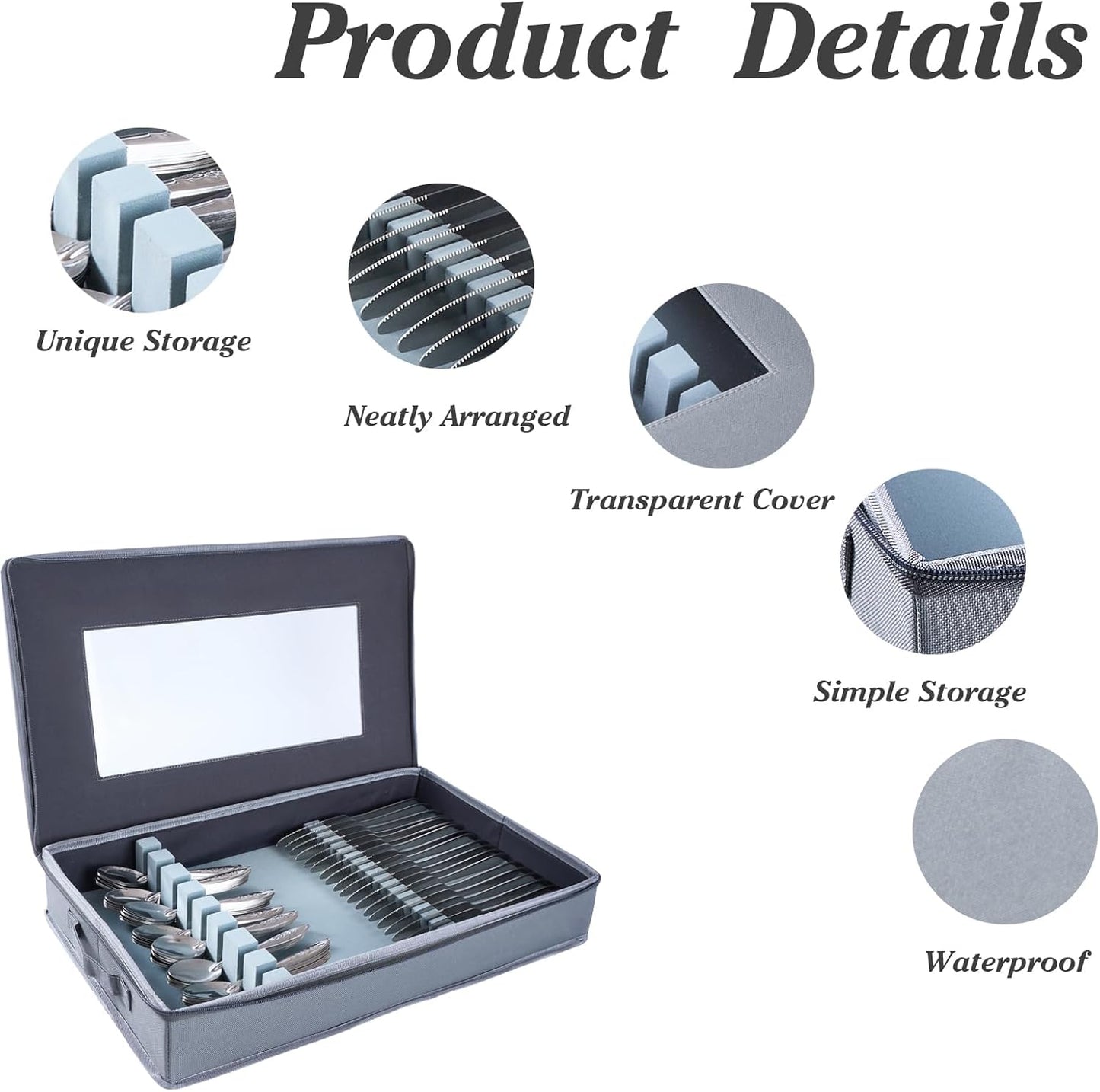 Zippered Silverware Storage Box, with Felt Lined and Clear Lid, Gray Fabric Chest Case for Storage and Organizing Utensils, Silverware, Flatware, Cutlery, Large Containers(No Cutlery Included)