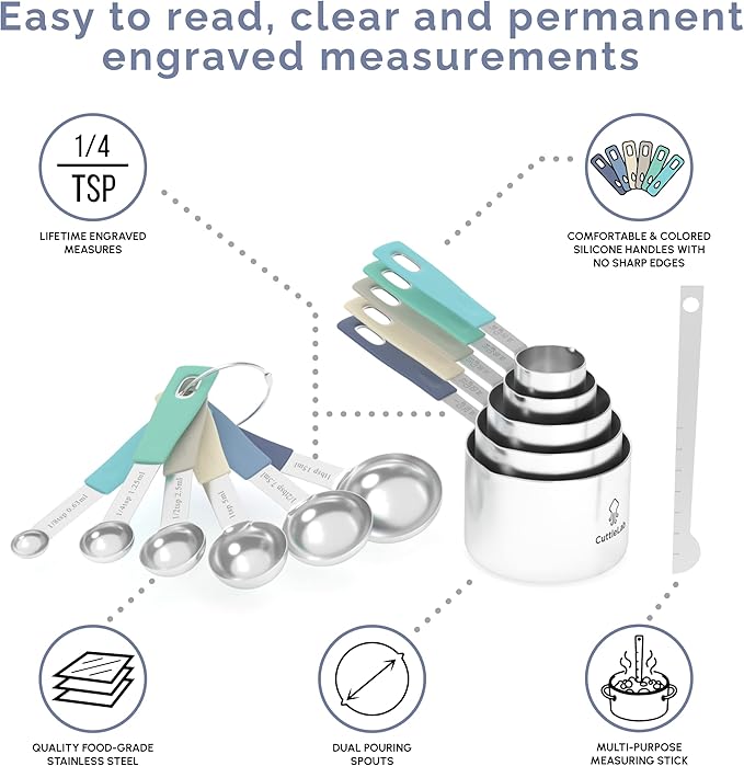 Measuring Cups and Measuring Spoons Set of 14 - Stainless Steel Measuring Cups and Spoons Set, Includes 1/8 Teaspoon Measuring Spoon, 1/8 Cup Measuring Cup, Leveler Dry (14, Farmhouse)