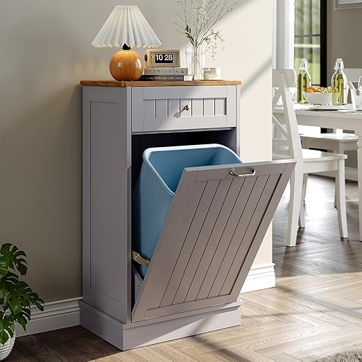 Tilt Out Trash Bin Cabinet Dog Proof Trash Can Holder Kitchen Island with Garbage Bin or Tilt Out Laundry Hamper (Gray)