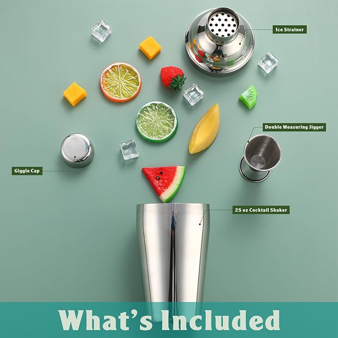 Umigy Cocktail Shaker Set Martini Shaker Bulk Stainless Steel Martini Mixer with Strainer and Double Measuring Jigger for Bar Party Home Use Wine Bar Tool (18 Oz/ 550 ml,2 Packs)