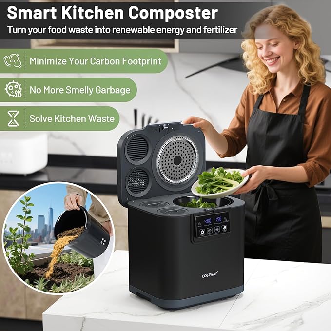 COSTWAY 4L Electric Composter for Kitchen, Smart Waste Dispenser Countertop Compost Machine w/Replaceable Filters, Auto-Cleaning, LED Display, Indoor Compost Bin, Turn Food Waste to Dry Fertilizer