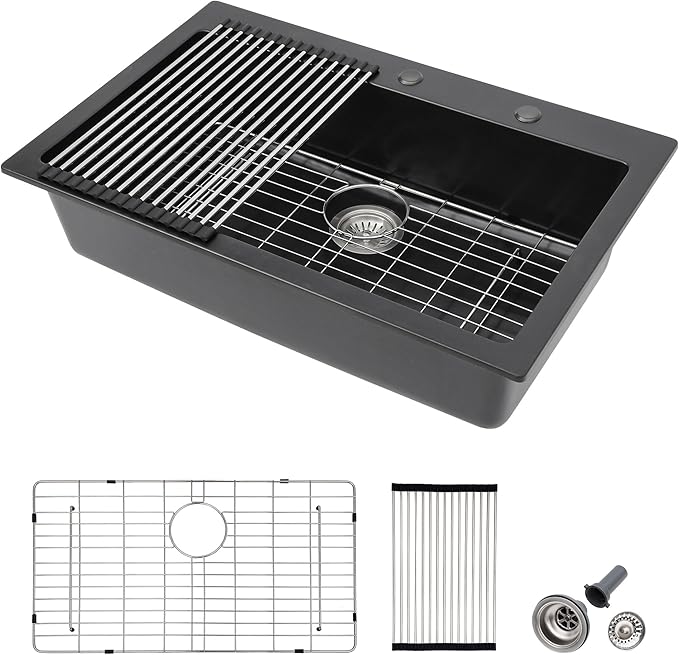 33 Granite Composite Kitchen Sink - Fulorni 33"×22" Granite Kitchen Sink Drop In Topmount Matte Black Quartz Classic Over Mount Single Bowl Sink Basin