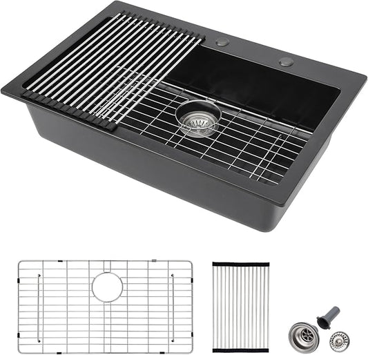 33 Granite Composite Kitchen Sink - Fulorni 33"×22" Granite Kitchen Sink Drop In Topmount Matte Black Quartz Classic Over Mount Single Bowl Sink Basin