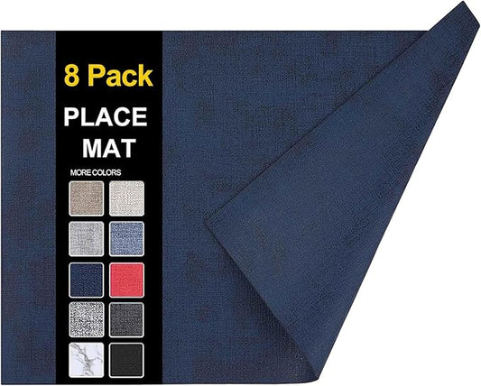 homing Faux Leather Heat Resistant Placemats 8 Packs, Waterproof Wipeable Dining PU Place Mats for Indoor & Outdoor, Easy to Clean, Dark Navy Blue