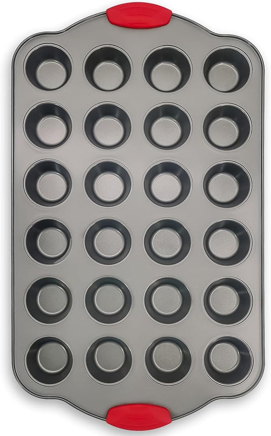 Boxiki Kitchen 24 Cup Mini Muffin Pan with Silicone Handles | Professional Non-Stick Cupcake Pan for Muffins, Cupcakes, Egg Bites, and More