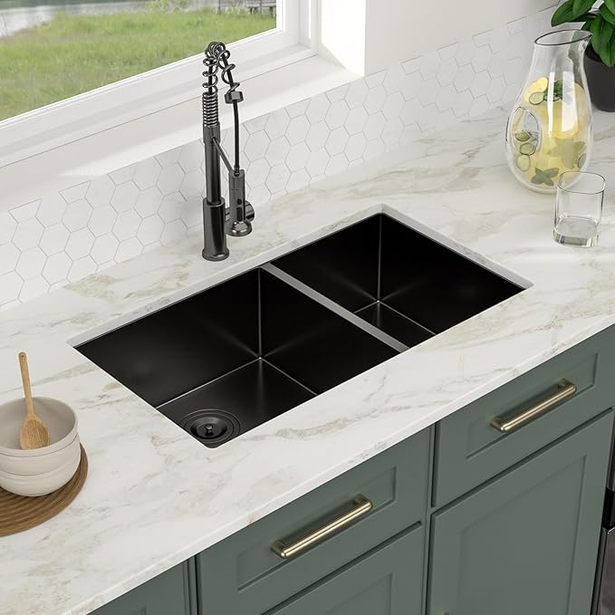 Logmey 33x19 Gunmetal Black Undermount Double Sink - 60/40 Double Bowl Stainless Steel Sink