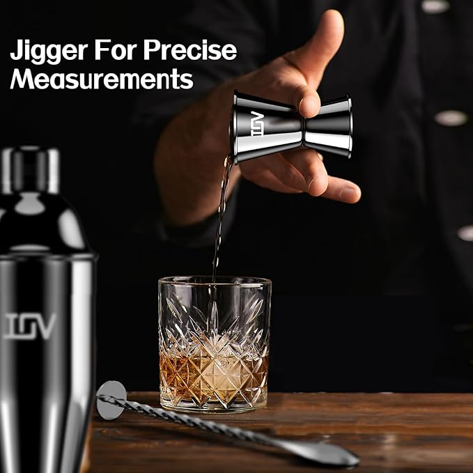 IOV Cocktail Shaker Bar Set, 24oz Martini Shaker with Built-in Strainer, Bar Tool Kit with Recipes Booklet, Professional Stainless Steel Large Bartender Drink Shaker Margarita Alcohol Mixer-Black