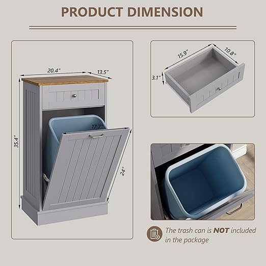 Tilt Out Trash Bin Cabinet Dog Proof Trash Can Holder Kitchen Island with Garbage Bin or Tilt Out Laundry Hamper (Gray)