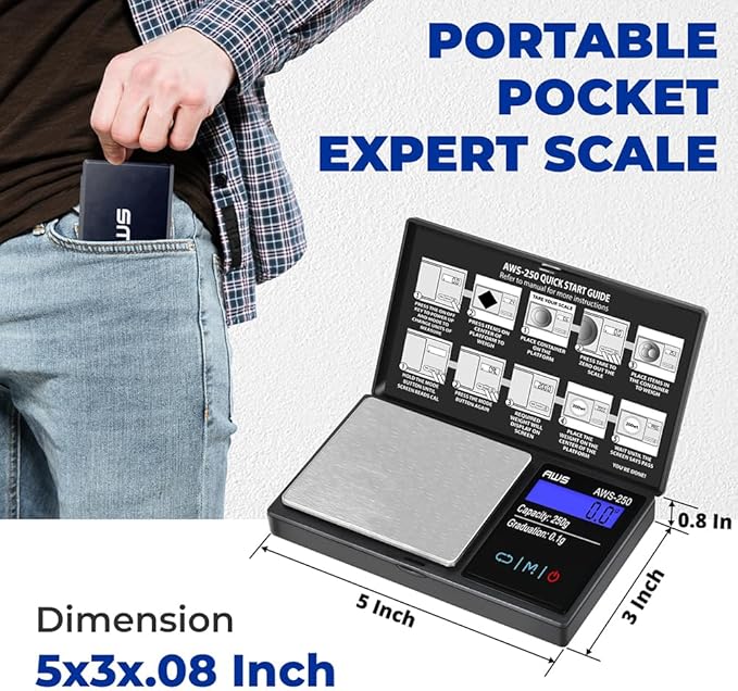 American Weigh Scales Series Digital Pocket Weight Scale Accurately Measures, Backlit LCD Display 250g x 0.1g, (Black), AWS-250-BLK
