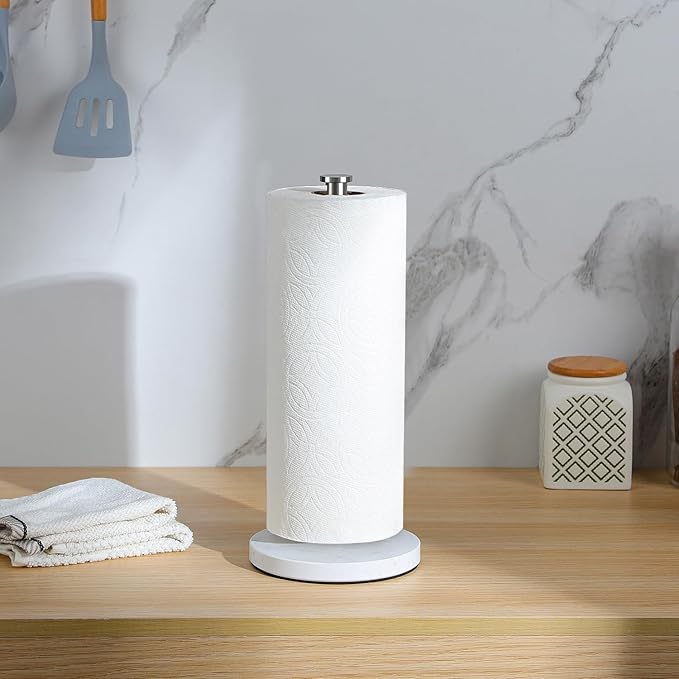 YIGII Heavy Marble Base Paper Towel Holder Countertop - Standing Paper Towel Roll Holder with Weighted Base, Papertowel Holder for Kitchen, White Marble