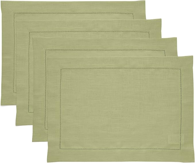 Solino Home Linen Placemats Set of 4 - Classic Hemstitch Moss Green Placemats 14 x 19 Inch - 100% Pure Linen Table Mats for Fall, Autumn, Thanksgiving, Winter