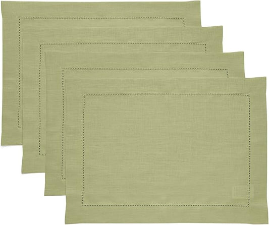 Solino Home Linen Placemats Set of 4 - Classic Hemstitch Moss Green Placemats 14 x 19 Inch - 100% Pure Linen Table Mats for Fall, Autumn, Thanksgiving, Winter