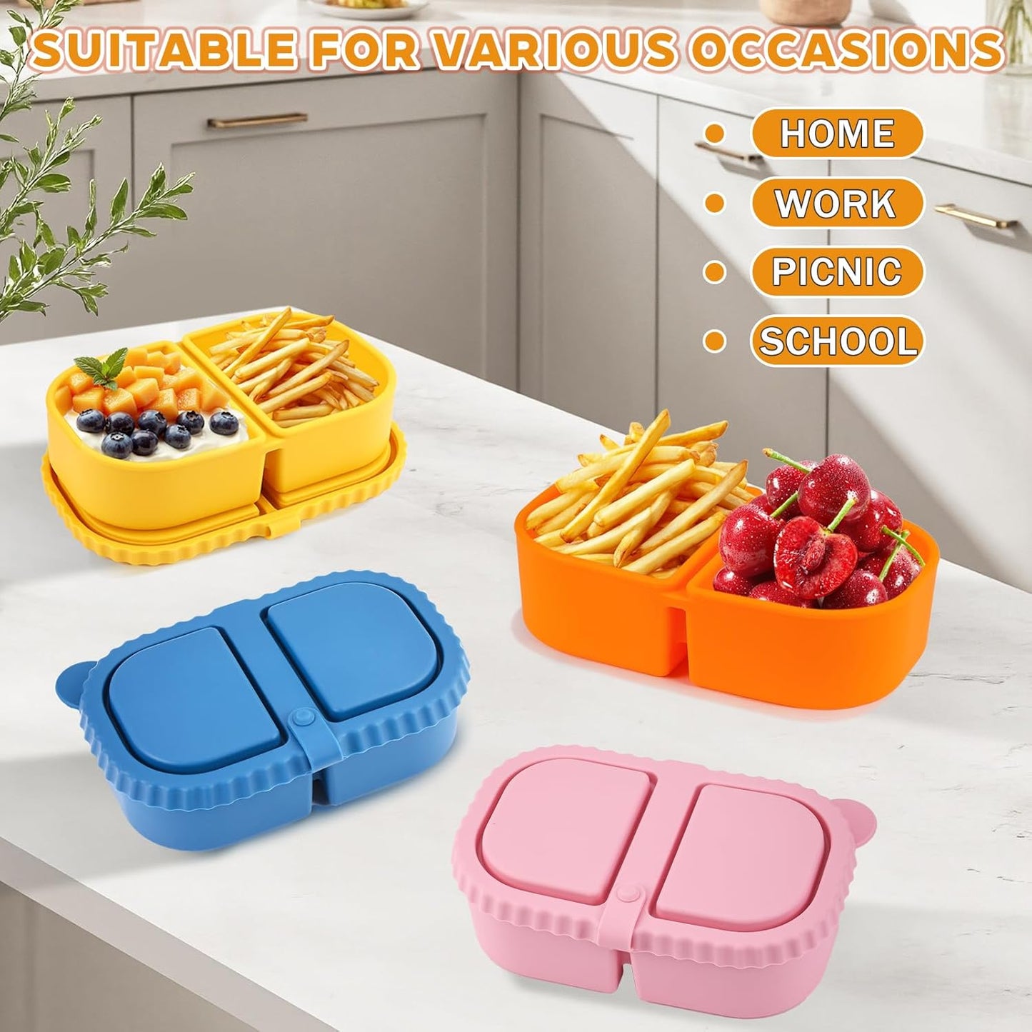 2/3/4Pack 8 oz Reusable Silicone Snack Containers with Lids, Mini Containers 2 Compartments Snackle Box for Kids & Adults, Portable Silicone Food Storage Box for Picnic, School, Office (8oz-2C-4Pcs)