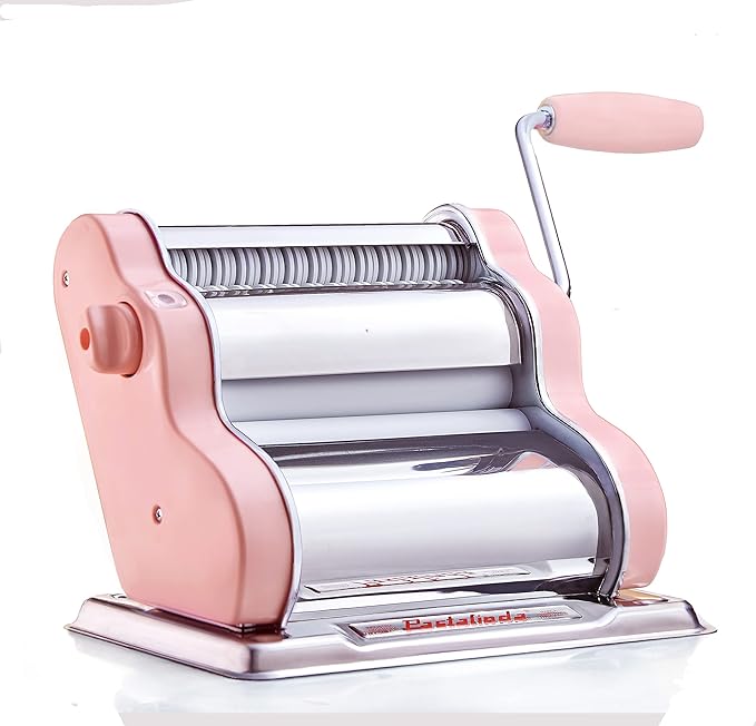 PASTALINDAClassic 200 Pasta Maker Machine, 20 cm Wide Rollers, 9 Thickness Positions, 2 Cutting Positions, Stainless Steel. Includes Reinforced Hand Crank And Two Clamps (Pink)