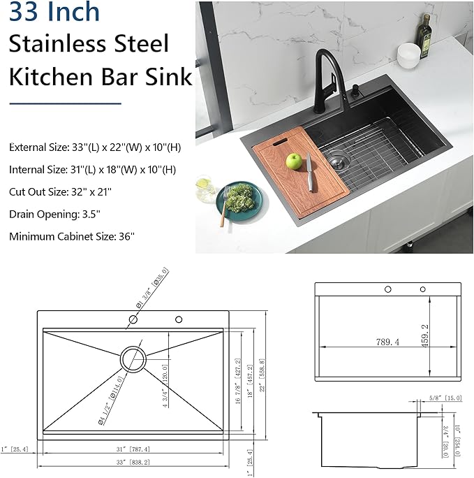 33 Inch Drop In Black Kitchen Sink, Doirteal 33x22 Inch Top Mount Kitchen Sink 16 Gauge Gunmetal Black Stainless Steel Single Bowl Workstation Sinks 33 Drop In Sinks