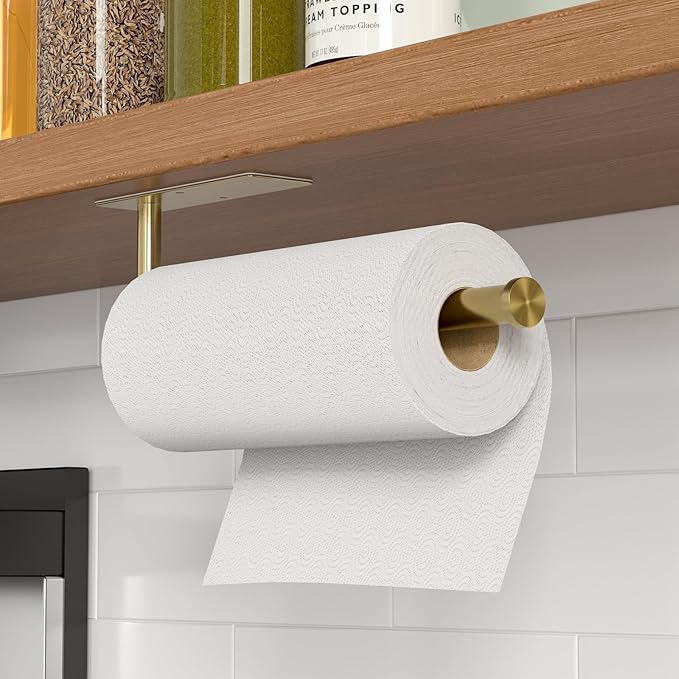 Paper Towel Holder Under Cabinet, Self-Adhesive,No Drilling, Stainless Steel, Wall-Mounted for Kitchen and Bathroom, Easy Install, Durable, Space-Saving, Ideal for Home, RV (Gold, 1 Pack)