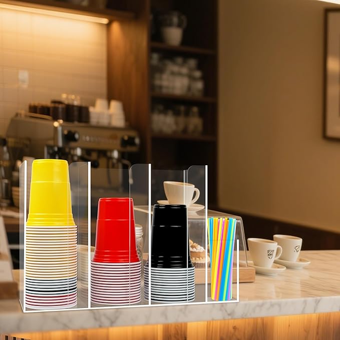 4 Compartments Acrylic Cup and Lid Holder, Clear Disposable Coffee Cup Holder Organizer,Cup Dispenser for Kitchen Bar Shop Party Supplies