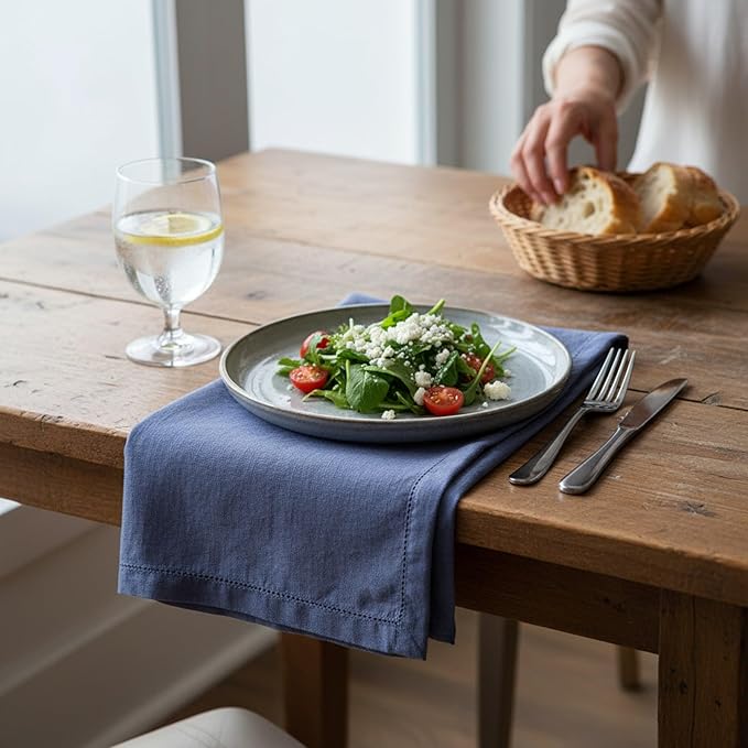 Hemstitched Linen Napkins – 20 Inch x 20 Inch – Stonewashed Pure Linen Cloth Dinner Napkins with Mitered Corners - 100% French Flax – Machine Washable - Set of 4 (Soft Blue)