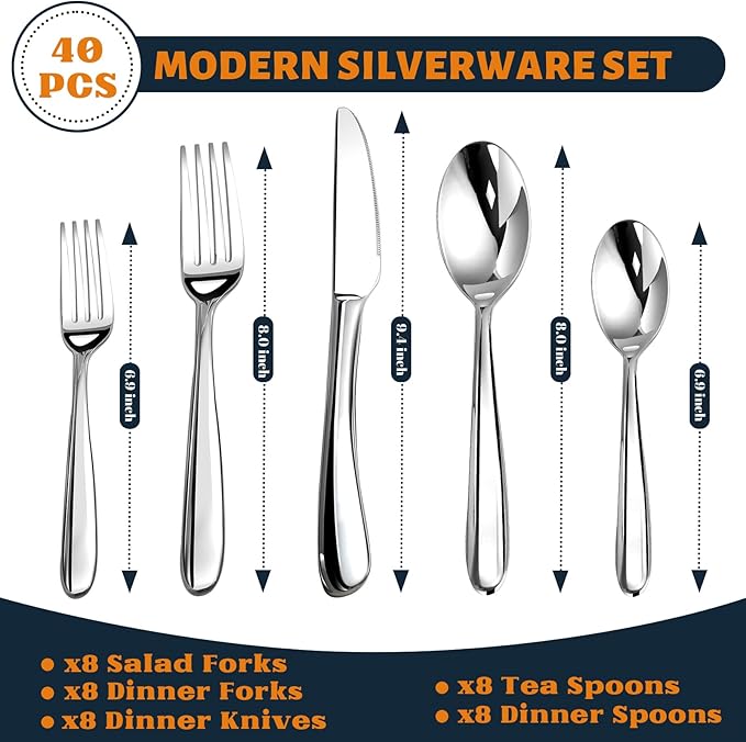 Silverware Set for 8, Heavy Duty Stainless Steel Cutlery Set Flatware Set,40 Piece Premium Silverware, Mirror Polished Modern Cutlery include Fork Knife Spoon Set,Dishwasher Safe