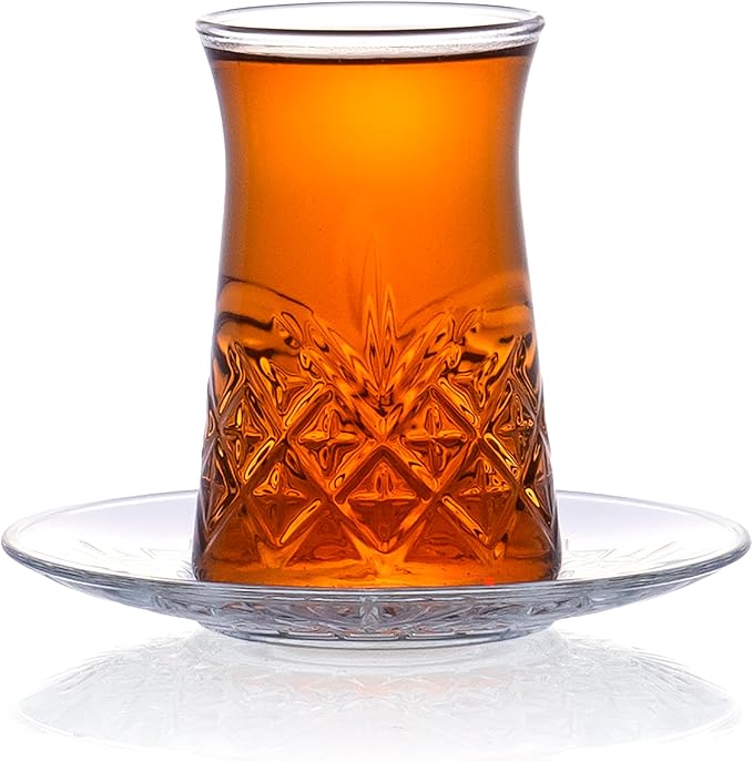 Red Co. Set of 6 Fluted 5.5 Fl Oz Cut Glass Turkish Tea Cups with Saucers, Clear