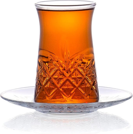 Red Co. Set of 6 Fluted 5.5 Fl Oz Cut Glass Turkish Tea Cups with Saucers, Clear