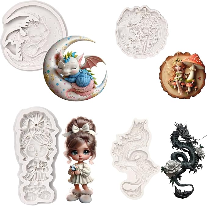 (Four-piece set) Moon sleeping dragon, fairy mushroom, whimsical girl, dragon shape, DIY silicone mold, cake chocolate mold wedding cake decoration tool soft cake mold