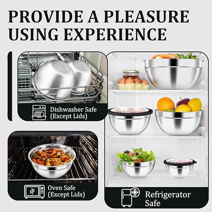 P&P CHEF Mixing Bowls with Visible Airtight Lids Set of 5, 10-Piece Stainless Steel Mixing Nesting Bowl, Metal Bowl with Lid for Kitchen Prepping & Storing, Size 4.6, 3, 1.5, 1, 0.7 QT, Black