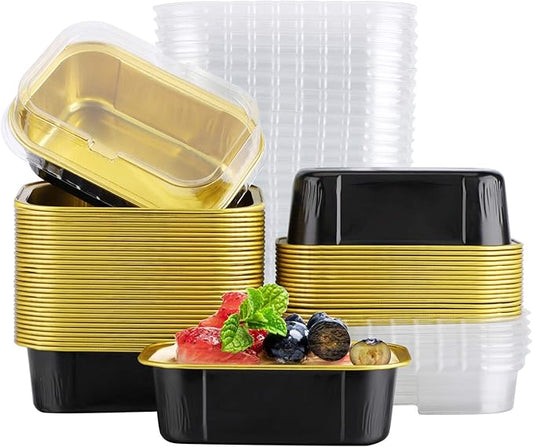 EUSOAR Aluminum Foil Cups, 5.7oz 50pcs Baking Cups with Lids, Snacks Desserts Flan, Cupcake Pie Ramekin, Recyclable Catering Shower Wedding Party Favor Baking Cups-Black Gold