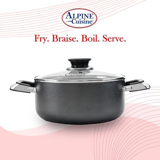 Alpine Cuisine 8.5 Quart Non-stick Stock Pot with Tempered Glass Lid and Carrying Handles, Multi-Purpose Cookware Aluminum Dutch Oven for Braising, Boiling, Stewing