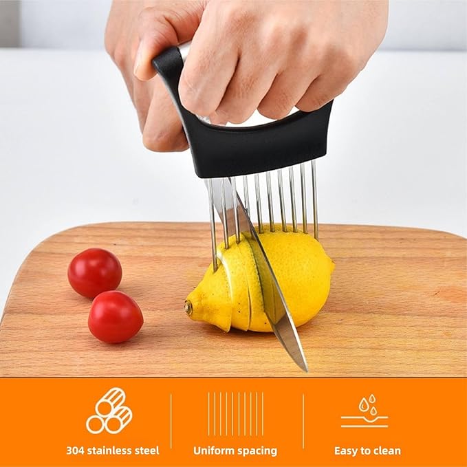 Onion Holder for Slicing, Upgrade Stainless Steel Onion Slice Holder Lemon Slicer Vegetable Cutter, Assistant Tool for Slicing Fruit, Potato, Tomato and Meat (1 Pack)