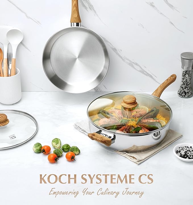 KOCH SYSTEME CS Saute Pan with Lid, 12 Inch Deep Frying Pan with Lid, 5.5 Quart Stainless Steel Saute Pan with Stylish Cool-Touch Bakelite Handle, 12 Inch Deep Stainless Steel Pan, Induction Ready