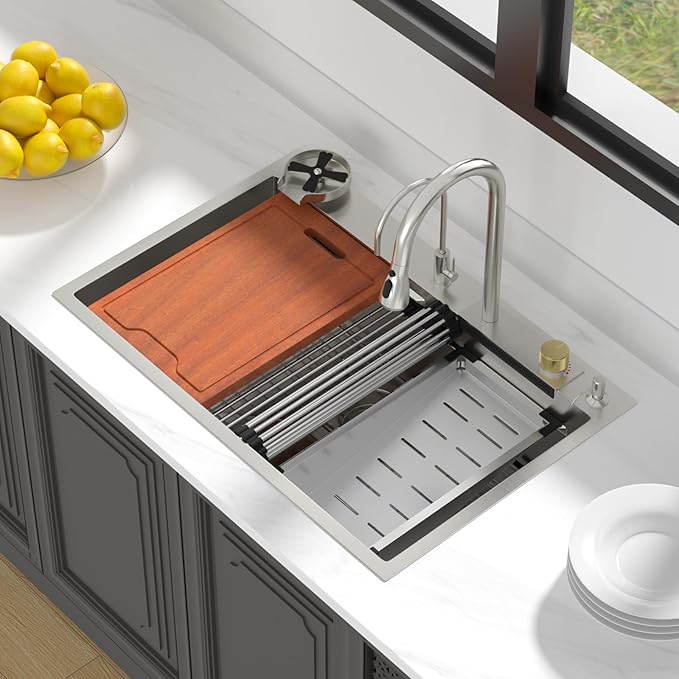 Lordear 33 Waterfall Kitchen Sink 33x22 Drop In Kitchen Sink Stainless Steel 16 Gauge Single Bowl Multifunctional Workstation Sinks with Built-in Accessories,Glass Rinser and Faucet Included