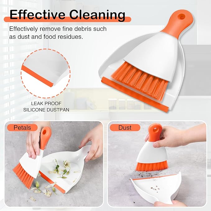 NACENA Mini Dustpan and Brush Set, Small Broom and Dustpan Set Dust Pan and Mini Hand Broom Dustpan and Broom Combo Compact for Home Table Keyboards Sofa Kitchen Pets, Orange
