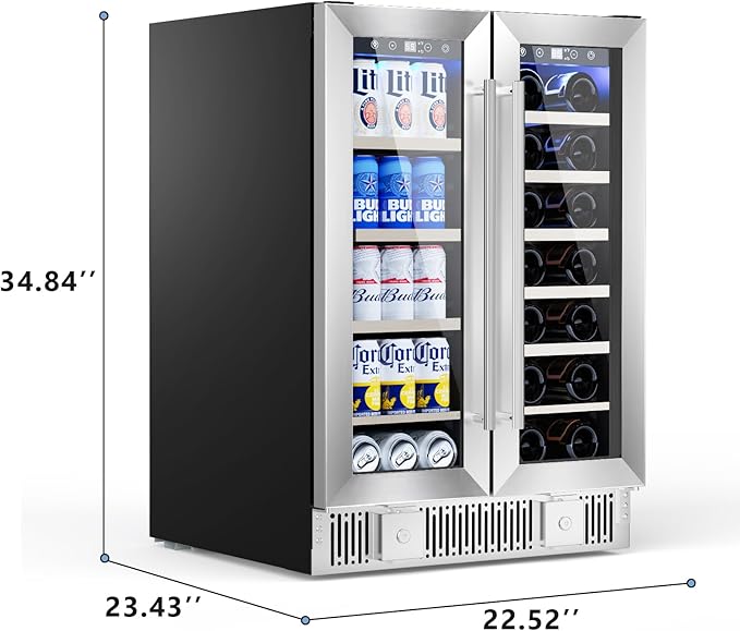 Dual Zone Wine Cooler with Glass Door, 21 Bottles and 88 Cans Wine and Beverage Refrigerator, 4.4 cu.Ft 24 Inch Built in or Under Counter Wine Fridge with LED Light, Two Door Lock