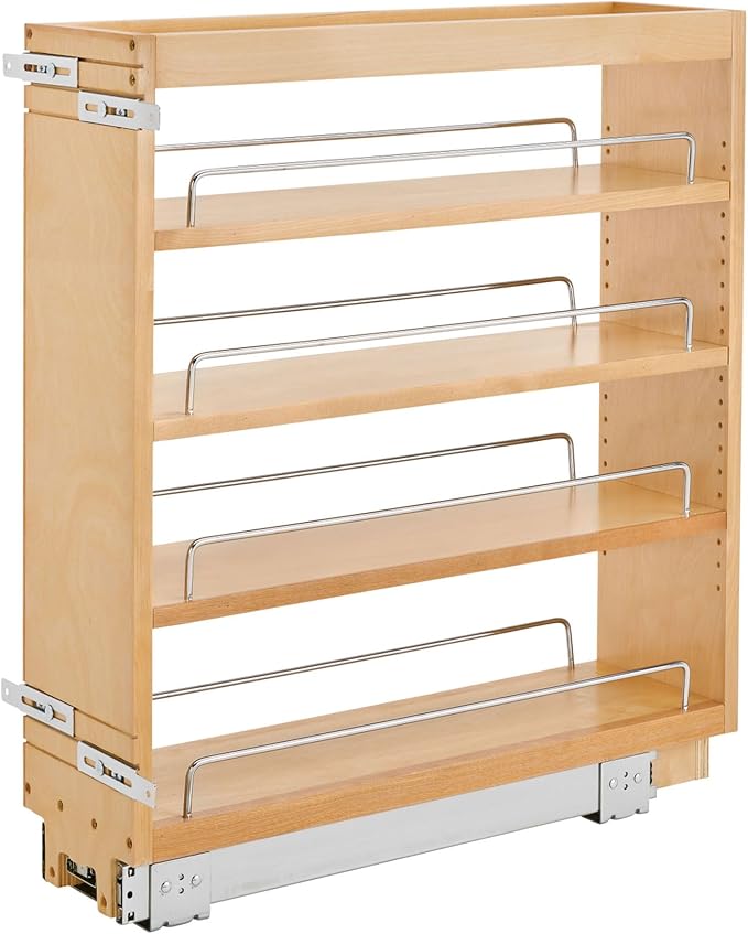 Rev-A-Shelf 6.5" Pullout Kitchen Cabinet Storage Organizer Slide Out Pantry Spice Rack with Adjustable Shelves, Natural Maple, 448-BC-6C