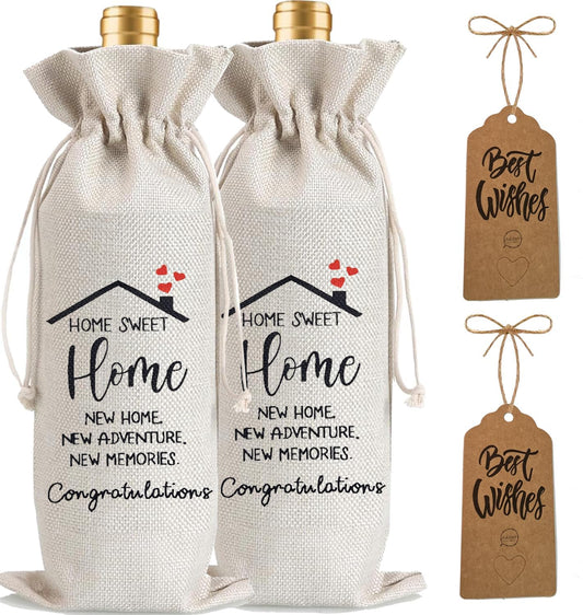 2Pcs Housewarming Gifts New Home Wine Bag,Perfect Gifts for New Homeowners, Realtor Gift to Clients,New Home Wine Bag For Friends, with 2Pcs Kraft Blessing Cards and natural jute rope