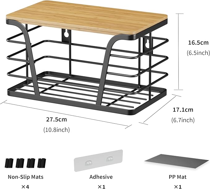 Pantry Organizers and Storage - Stackable Wire Basket with Lightweight PP Mat & Bamboo Top for Fruits Vegetables,Fruit Holder for Kitchen Countertop,Black