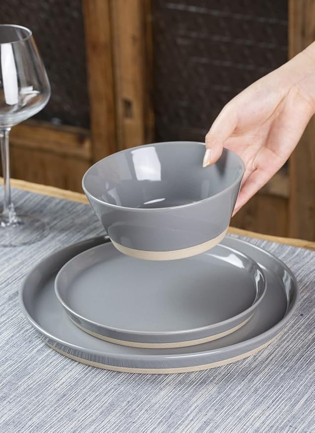 Famiware Saturn Speckled Dinnerware Sets for 4 (12 Pieces), Stoneware Plates and Bowls Dish Set - Chip and Scratch Resistant, Microwave and Dishwasher Safe, Dark Gray