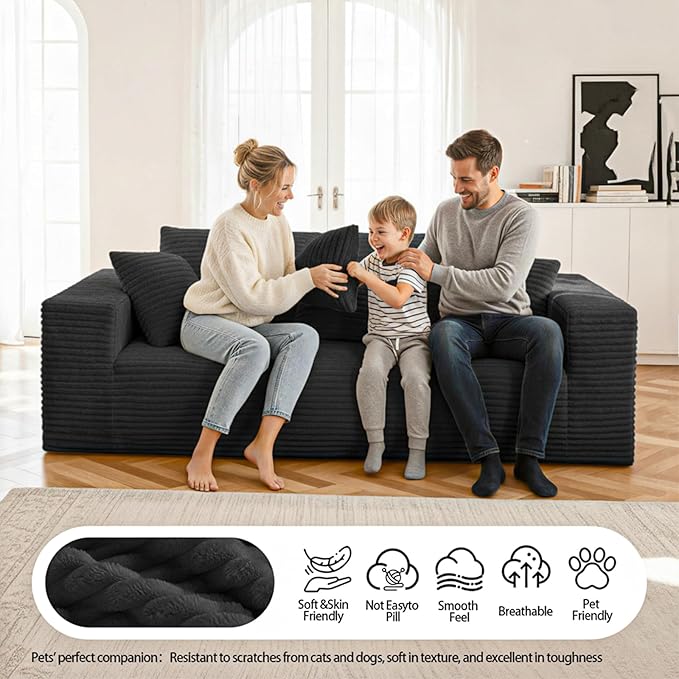 3-Seater Deep-Seat Corduroy Lounge Sleeper Sofa - No Assembly, Frameless Foam Cloud Couch for Living Room, Bedroom, Apartment, Dorm, Office