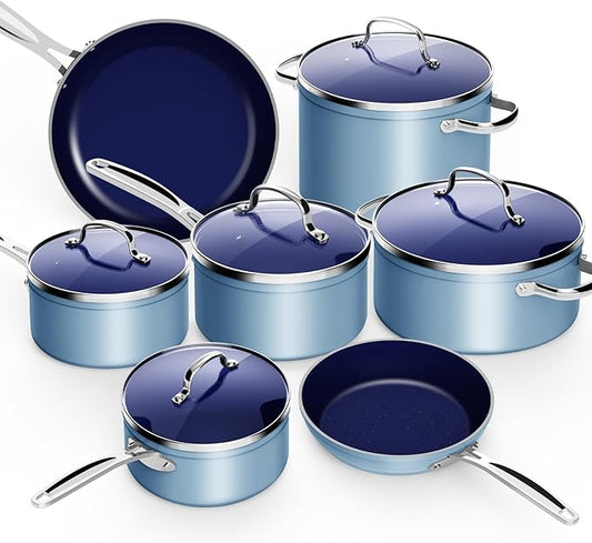 Nuwave 12pc Forged Lightweight Cookware Set, G10 Healthy Duralon Ceramic Ultra Non-Stick Coating, Vented Tempered Glass Lids, Stay-Cool Handles, Induction-Ready & Works on All Cooktops, PFAS Free