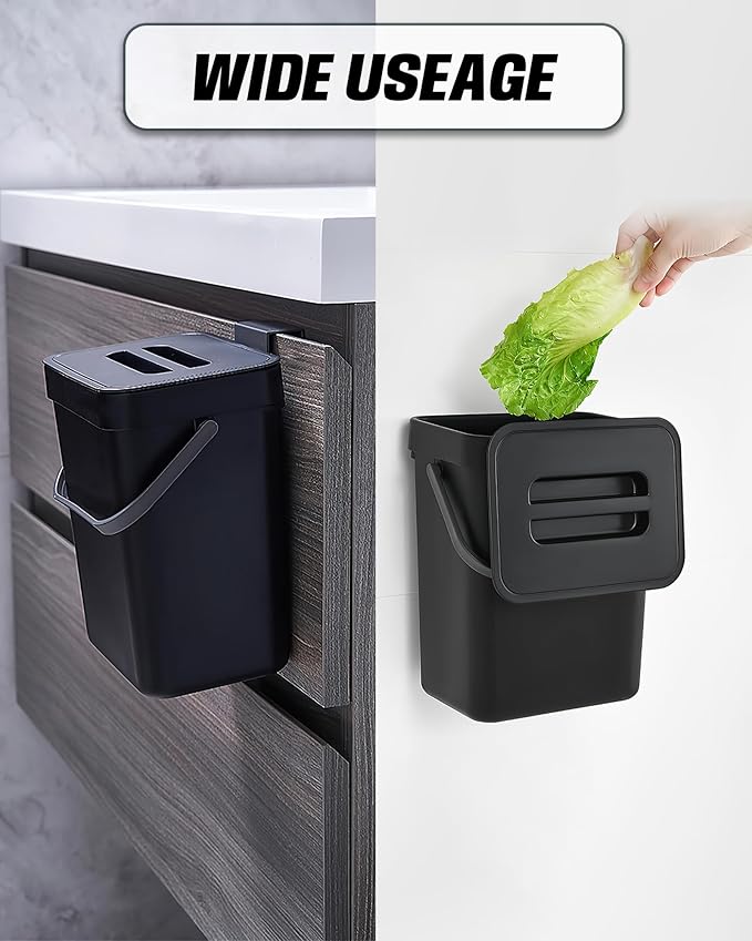 Countertop Compost Bin - 1.3 Gallons Hanging Small Trash Can with Lid for Kitchen Bathroom, Under Sink Kitchen Trash Can, Indoor Counter Compost Bucket with Lid, 5L(Black)