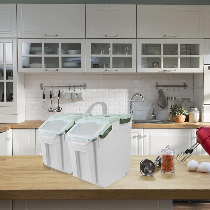 Large Flour Storage Container Bin 25lb, 4Pack Airtight Rice Storage Containers with Wheels Seal Locking Lid, BPA Free with Measuring Cup&Scoop for Flour, Rice, Grain(Green)